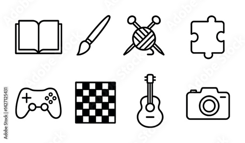 Hobby and leisure outline icons set – flat style symbols for creative activities and pastimes: book, paintbrush, knitting needles, puzzle, game controller, chessboard, guitar, camera
