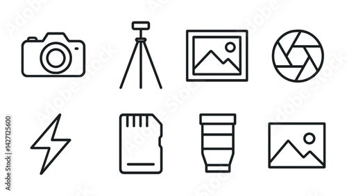Photography tool icon set – outline style camera and equipment graphics for photo editing and creative design: camera, tripod, frame, lens, flash, sd card, aperture