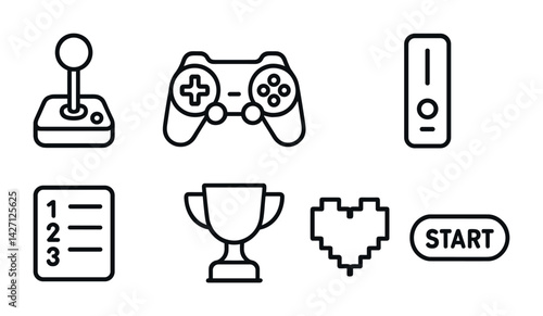 Gaming and entertainment icon set – linear style video games and leisure symbols for fun activities, consoles, and achievements: joystick, game controller, trophy, heart, start button