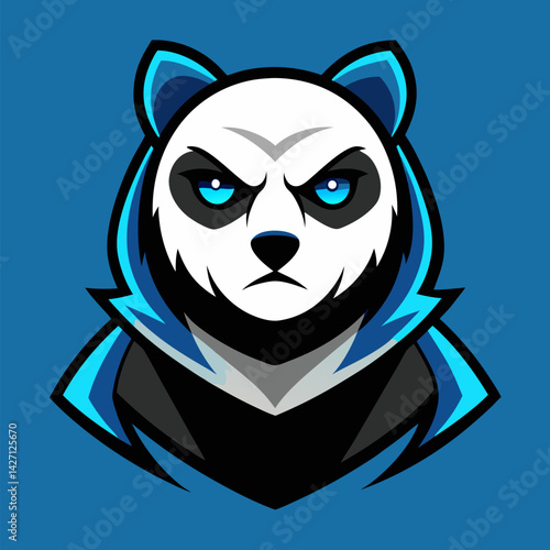 Panda Mascot in E-sports Apparel: A fierce panda mascot, rendered in striking blue and black tones, embodies competitive gaming spirit, conveying a powerful presence ready for virtual combat.