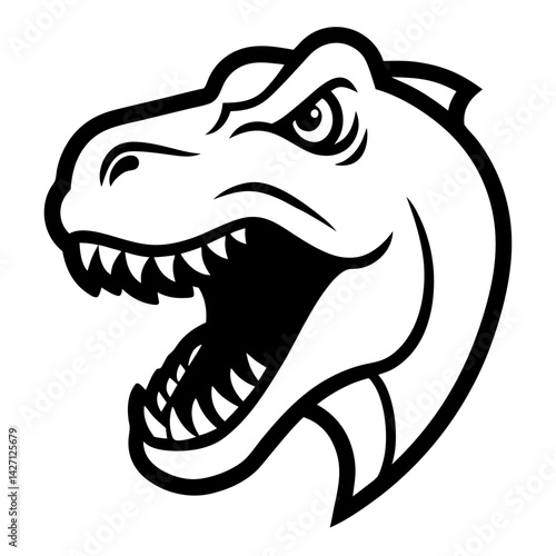 Ferocious T-Rex Head Silhouette: An imposing black and white illustration of a Tyrannosaurus Rex head, showcasing its sharp teeth and intense gaze.