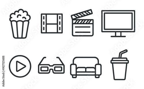 Entertainment and leisure icon set - outline style cinema and movie night symbols for film viewing, media consumption, and recreation: popcorn, film reel, clapperboard, television, play button, 3d