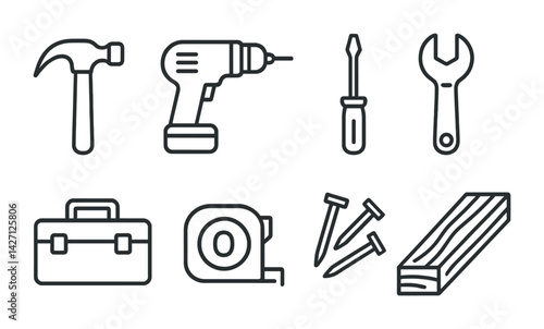 Construction tools icon set – outline style handyman symbols for repair, diy projects, and building: hammer, drill, screwdriver, wrench, toolbox, tape measure, nails, wood