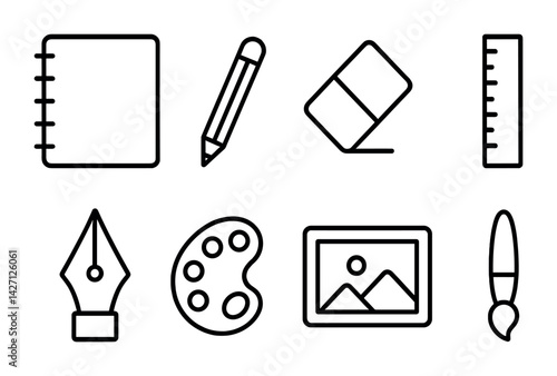 Art and design outline icon set – linear style creative and drawing tools for artists and designers: notebook, pencil, eraser, ruler, pen nib, palette, canvas, brush