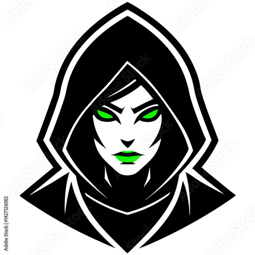 Mysterious hooded figure illustration: A striking illustration of a figure, shrouded in a dark cloak and hood, her piercing green eyes and defined lips commanding attention.