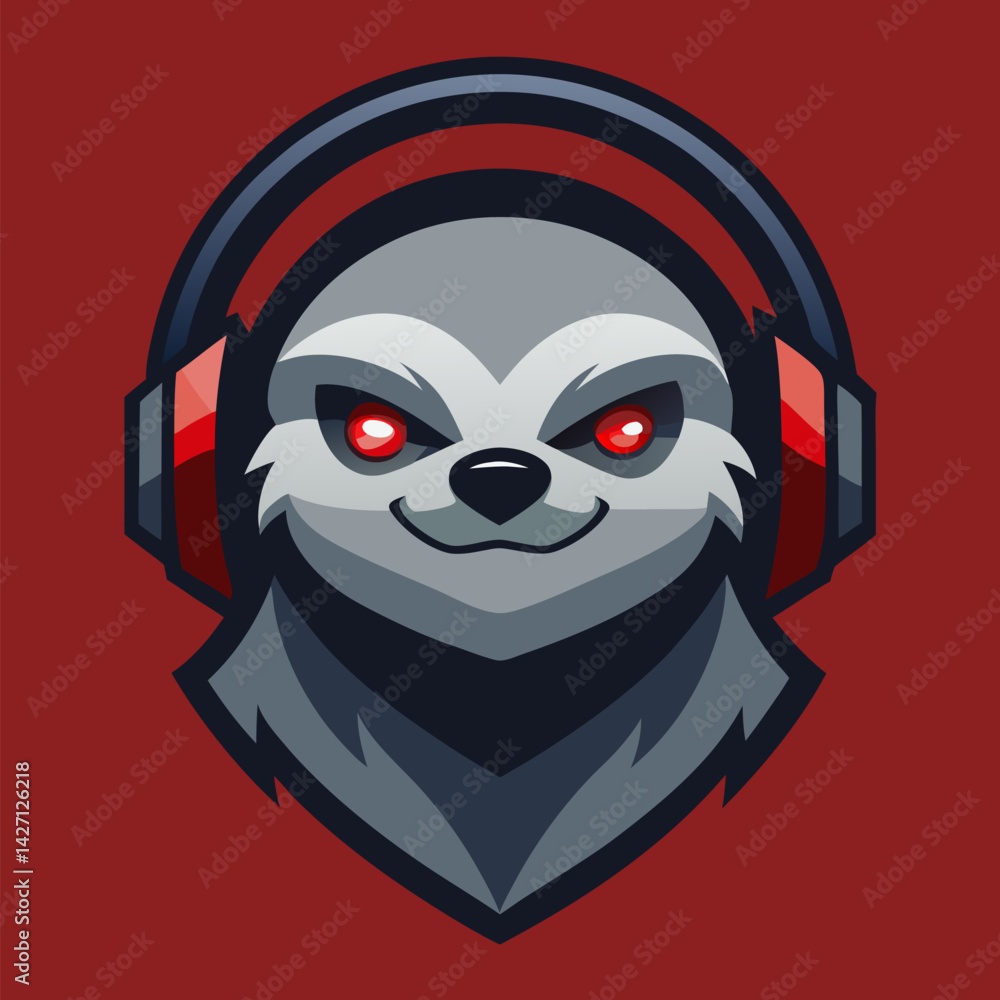 Obraz premium Gaming Sloth Emblem: A dynamic emblem showcases a captivating cartoon sloth adorned with headphones. The sloth has glowing eyes. A fusion of gaming and wildlife, set against a vibrant background.
