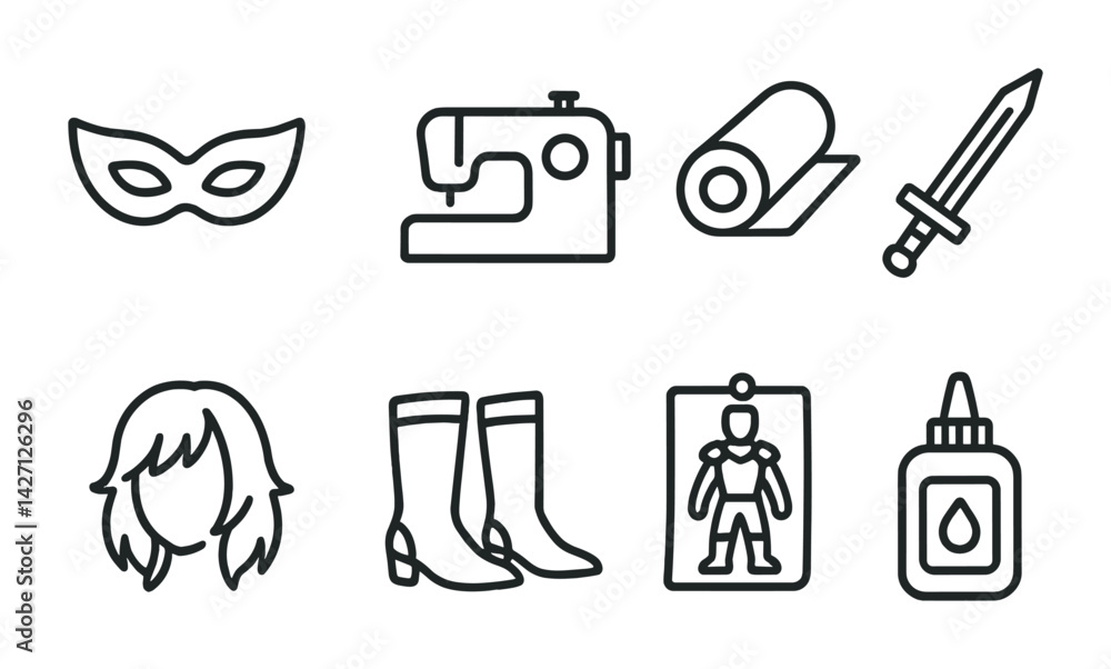 Fototapeta premium Cosplay icon set – outline style costume and role-play symbols for creative design: mask, sewing machine, fabric roll, sword, wig, boots, character sheet, glue