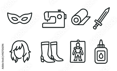 Cosplay icon set – outline style costume and role-play symbols for creative design: mask, sewing machine, fabric roll, sword, wig, boots, character sheet, glue