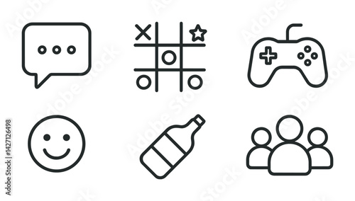 Communication and leisure outline icon set – modern communicator and entertainment symbols for social media, gaming, and interaction: chat bubble, game controller, smiley face, bottle, group, tic-tac