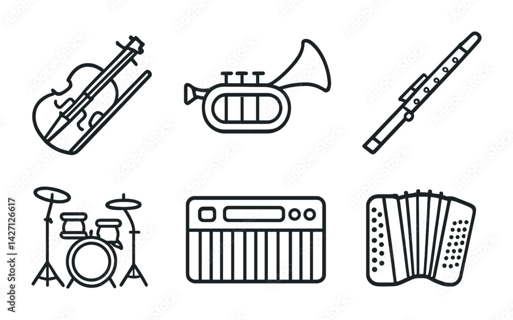 Musical instruments icon set – outline style music symbols for sound design, concert planning, and orchestra setup: violin, trumpet, flute, drums, keyboard, accordion