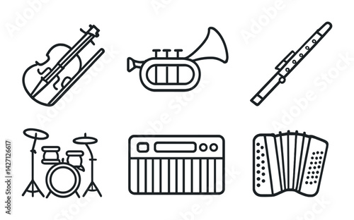 Obraz na płótnie Musical instruments icon set – outline style music symbols for sound design, concert planning, and orchestra setup: violin, trumpet, flute, drums, keyboard, accordion w salonie
