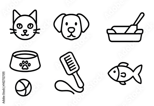 Pet care icon set – outline style animal and veterinary symbols for pet grooming, feeding, and adoption: cat, dog, litter box, food bowl, brush, ball, fish