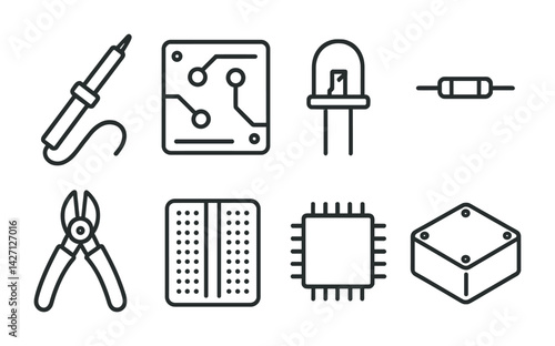 Electronics projects icon set – outline style technology and diy symbols for circuit building, hardware design, and electronics hobby: soldering iron, circuit board, led, resistor, wire cutter,