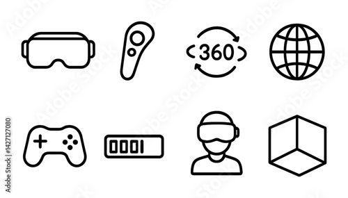 Virtual reality icon set – outline style for immersive technology and digital worlds: vr headset, controller, 360-degree, globe, gamepad, battery, vr avatar, cube