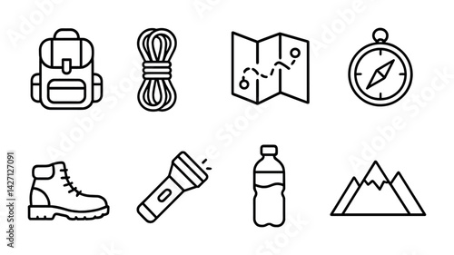Hiking and camping outline icons set – linear outdoor adventure symbols for exploring and trekking: backpack, rope, map, compass, boots, flashlight, water bottle, mountain