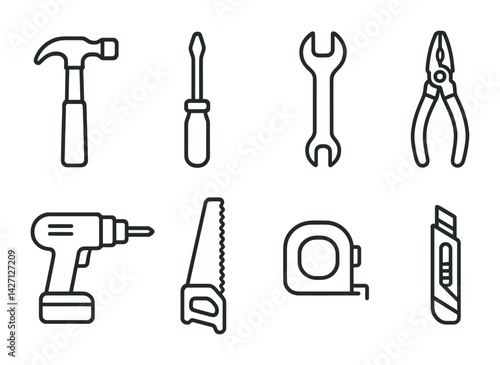 Hand tools icon set – outline style diy and construction symbols for home repair and maintenance: hammer, screwdriver, wrench, pliers, drill, saw, tape measure, utility knife