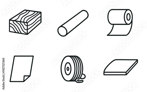 Construction and building materials outline icon set – minimalist architectural and engineering symbols: wood, steel beam, insulation roll, sheet metal, concrete block, piping