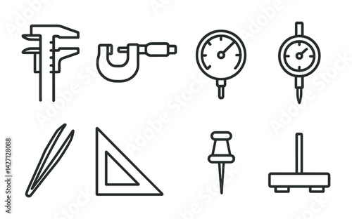 Engineering tools icon set – outline style technical and precision symbols for measurement, drafting, and construction: caliper, micrometer, pressure gauge, dial indicator, tweezers, triangle,