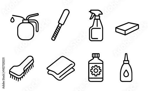 Cleaning products and tools icon set - outline style household cleaning supplies: spray bottle, scrub brush, squeegee, soap bar, cloth, detergent, disinfectant