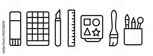 Art and craft tools outline icon set – linear style creative and design instruments: eraser, sketchbook, craft knife, ruler, paint palette, paintbrush, art supplies