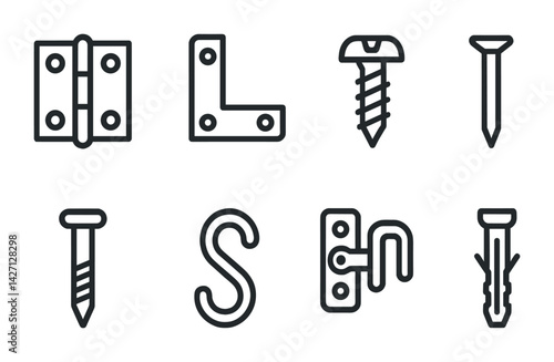 Hardware outline icon set – modern vector symbols for construction and diy projects: hinge, bracket, screw, nail, hook, latch, anchor, bolt