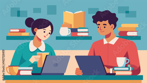 A couple sitting in a coffee shop each with a laptop open and stacks of textbooks beside them as they take turns studying and working their parttime. Vector illustration