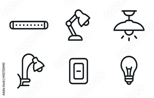 Home lighting icon set – outline style symbols for interior design, illumination, and decor: bar light, desk lamp, ceiling light, wall lamp, light switch, bulb