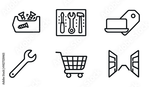 Hardware and diy icon set – outline style tools and home improvement symbols for repair and maintenance projects: screwdriver, wrench, hammer, toolbox, shopping cart, label, open door