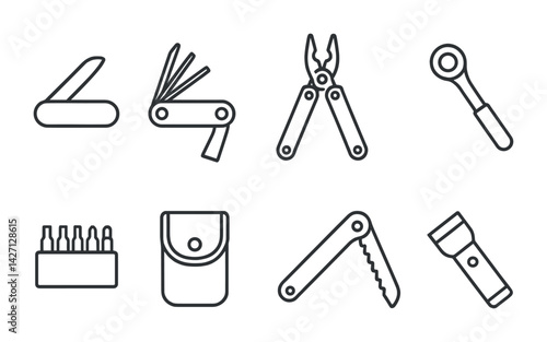 Camping and hiking gear icon set – outline style outdoor adventure essentials, equipment for survival and exploration: pocket knife, multitool, pliers, flashlight, compass, swiss army knife, tool