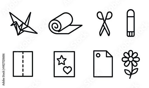 Origami craft icon set – outline style symbols for creative paper folding and art projects: paper crane, yoga mat, scissors, glue stick, dashed sheet, starred page, flower