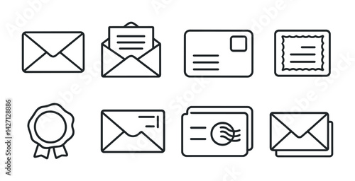 Postal and communication icon set – outline style mail and message symbols for sending letters, postcards, envelopes, stamps, certified mail, postmark, sealed letter