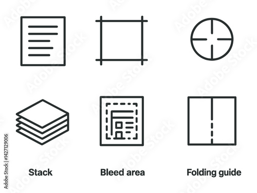 Print design icon set – outline style essential symbols for graphic production, layout, and typesetting: stack, bleed area, folding guide, crop marks, grid