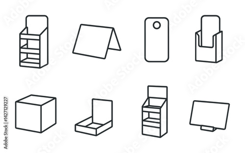Packaging outline icons set — modern design symbols for retail and marketing: display stand, tent card, door hanger, brochure holder, box, cardboard, shelf, signboard