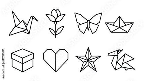 Origami outline icon set – linear style japanese paper art symbols for creative projects: crane, lotus, butterfly, boat, gift box, heart, star, deer