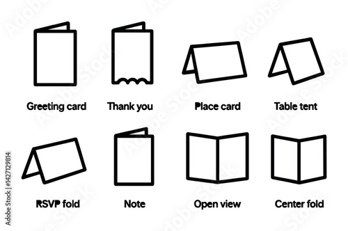 Greeting card outline icon set – elegant stationery symbols for invitations and events: thank you, place card, table tent, rsvp fold, note, open view, center fold