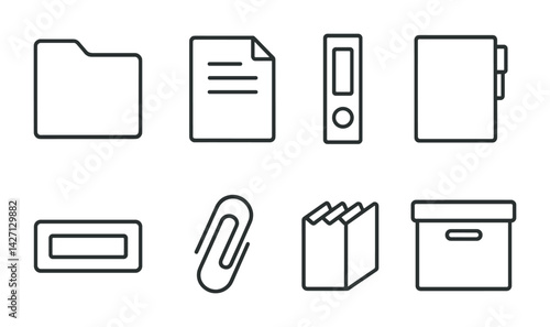 Office supplies icon set – outline style organizational and stationery symbols for work and productivity: folder, document, binder, drawer label, paperclip, book, storage box