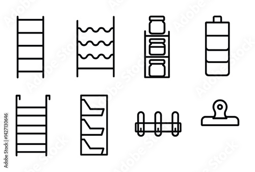 Storage solutions icon set – outline style organization and shelving symbols for efficient home management: ladder, wine rack, pantry shelves, stackable bins, clipboard