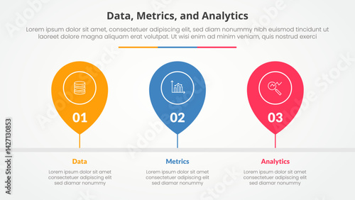 Data metrics and analytics infographic concept for slide presentation with pin tagging location timeline horizontal with 3 point list with flat style