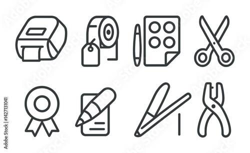 Office stationery icon set – outline style supplies for work and school: tape dispenser, tag, scissors, ribbon, pen, notepad, stapler, hole punch