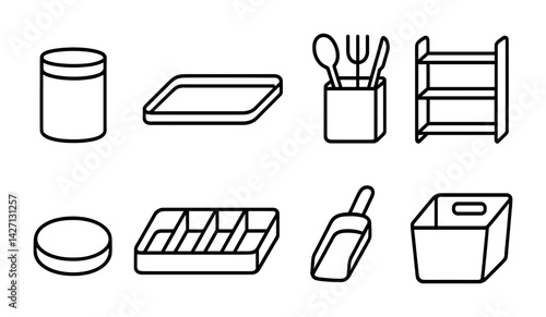 Kitchen storage solutions icon set – outline style for pantry, utensil organization, can storage, and shelf arrangement: jars, trays, cutlery holders, shelves, bins, scoops