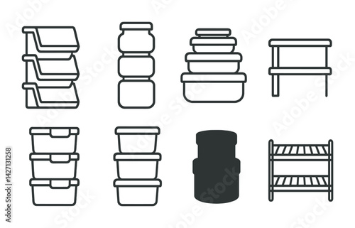 Storage containers icon set — outline style for organization and home essentials: shelving unit, stackable bins, jar, storage box, shelves, plastic containers, pantry