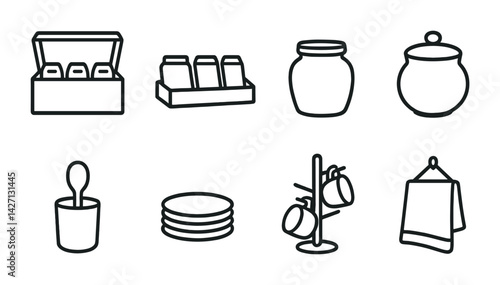 Kitchen essentials icon set – outline cooking and dining symbols for home organization and culinary design: tea box, milk carton, jar, sugar bowl, cup, plates, towel