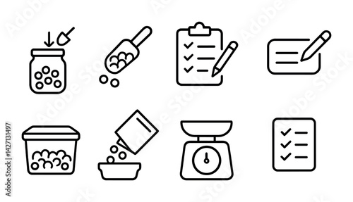 Measurement and baking process icon set – outline style cooking and ingredient symbols for kitchen, recipe, and culinary: jar, scoop, clipboard, checklist, container, scale