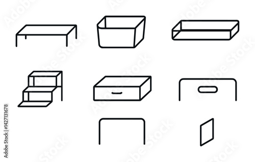 Home organization icon set – outline style storage and decluttering symbols for tidying and space management: table, basket, tray, shelf, drawer, divider, handle, panel