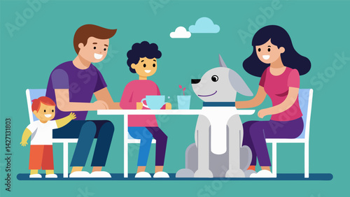 A family sits around the dinner table with their AI pet companion sitting at the head wagging its tail and mimicking their conversation.. Vector illustration