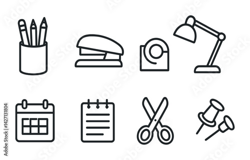 Office supplies icon set – line style business and workplace symbols for productivity and organization: pencils, stapler, tape, lamp, calendar, notebook, scissors, pushpins