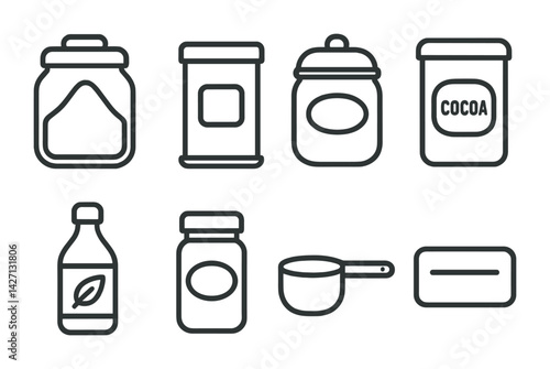Food and kitchen outline icons set – minimalistic cooking and pantry symbols for recipe creation, meal prep, and culinary essentials: sugar jar, spice shaker, sauce bottle, cocoa, saucepan