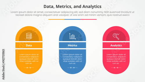 Data metrics and analytics infographic concept for slide presentation with round shape with slice title with 3 point list with flat style