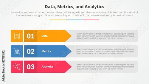 Data metrics and analytics infographic concept for slide presentation with rectangle arrow stack with 3 point list with flat style