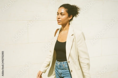 Confident woman walking outdoors.